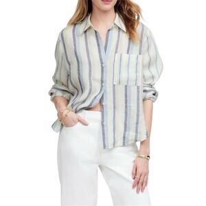 Madewell Linen Easy Y-Neck Button Up Shirt in Blue Mixed Stripe Women’s Small